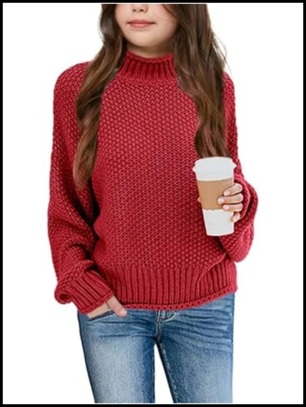 Girls Chunky Knit Turtleneck Sweater Batwing Pullover Jumper